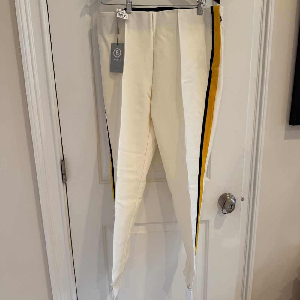 Bogner Elaine Softshell stirrup pants in Off-white with black and yellow stripes
